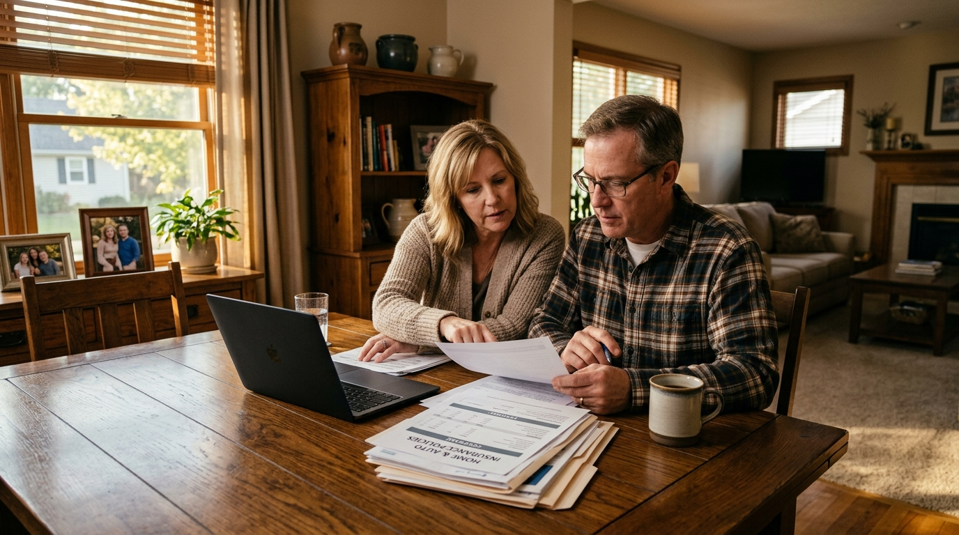 Couple reviewing insurance documents and a laptop at a dining room table in late afternoon light