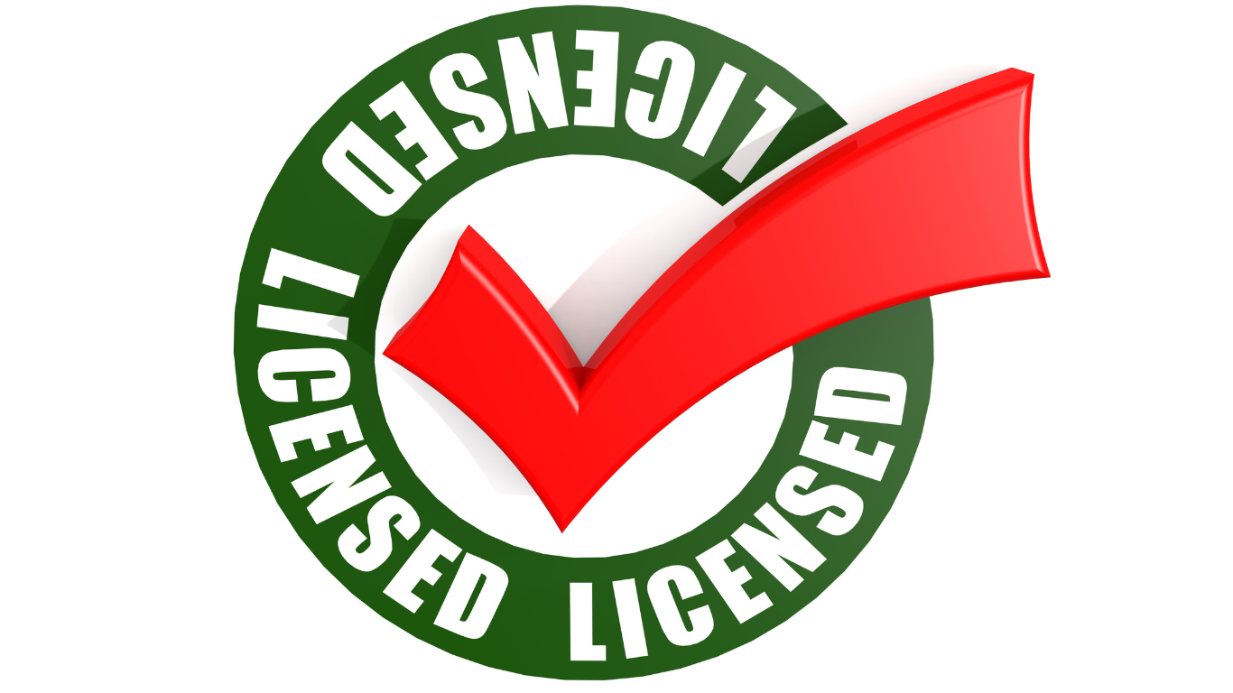 A green circle with a red check mark and the words licensed licensed