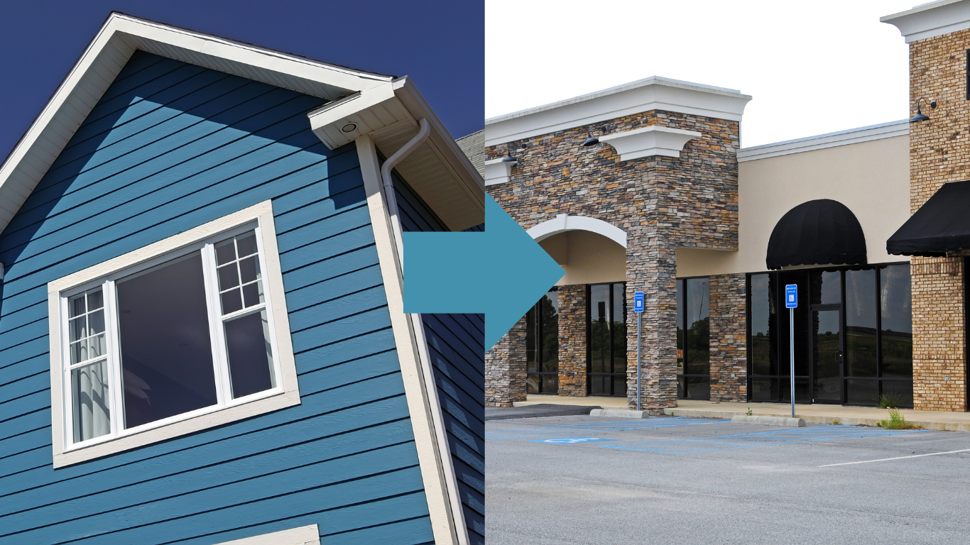 A picture of a blue house next to a picture of an empty building