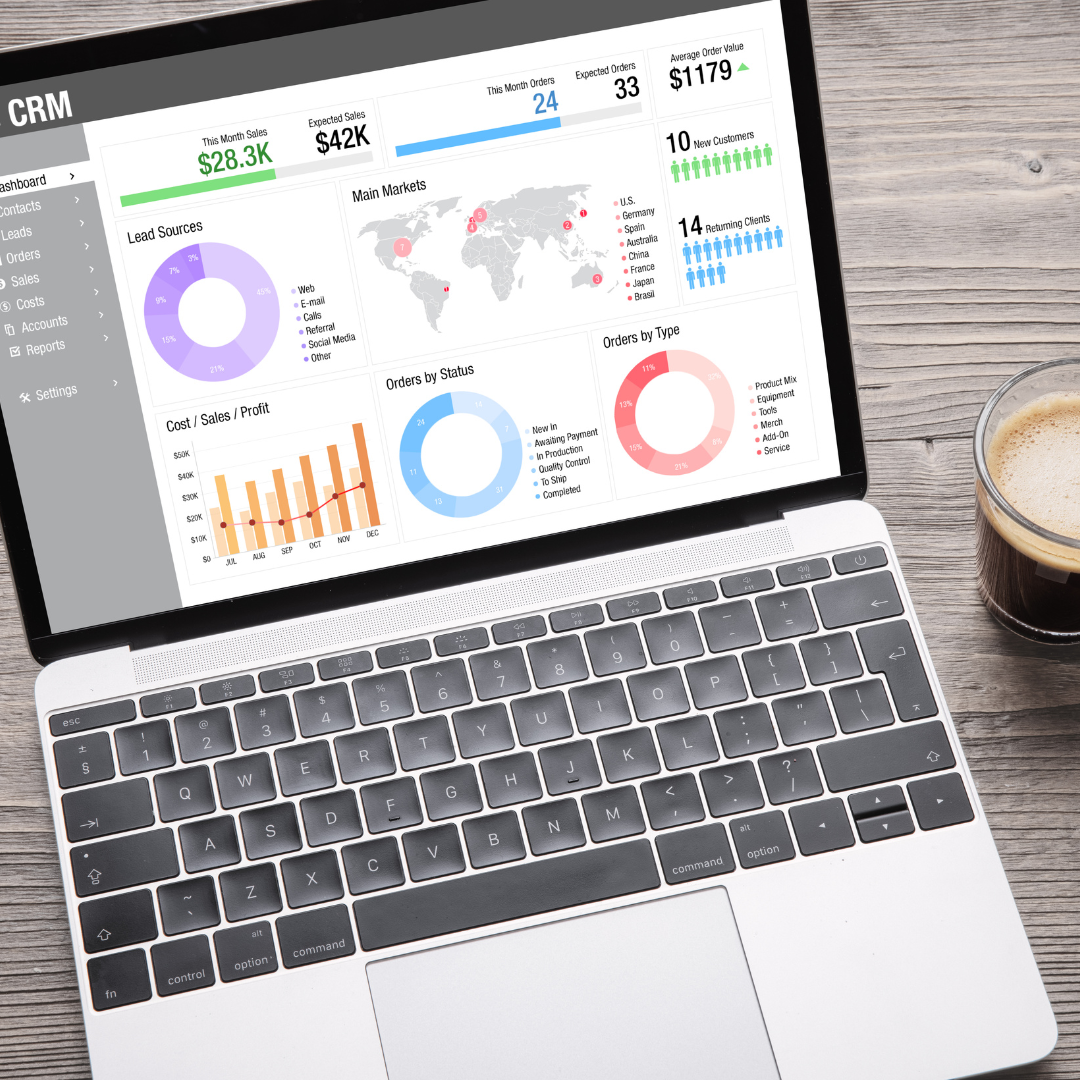 A laptop with the word crm on the screen