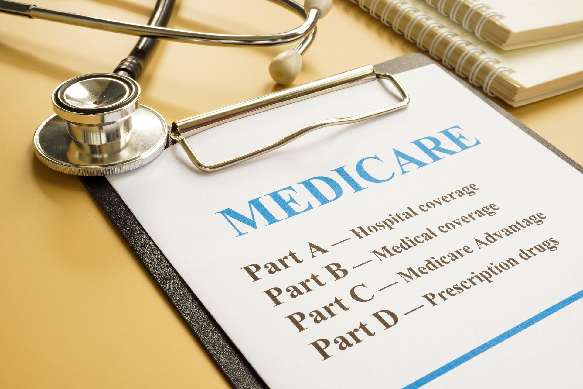 Stethoscope and clipboard listing Medicare Parts A, B, C, and D on desk. Stethoscope and clipboard listing Medicare Parts A, B, C, and D on desk.