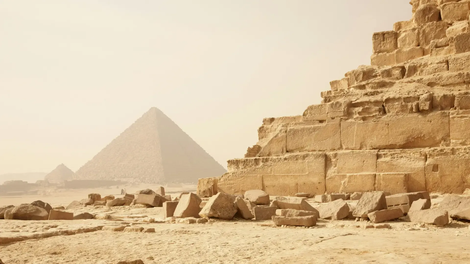 There are two pyramids in the background and a pyramid in the foreground in Egypt.