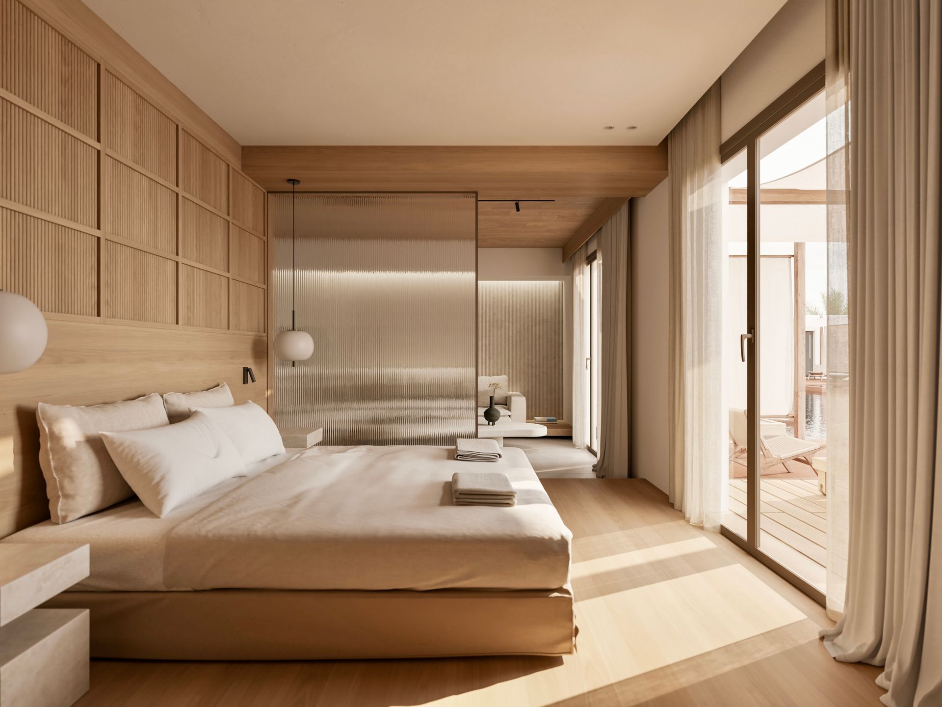 A hotel room with a large bed and a sliding glass door at Laguna Coast Resort in Naxos, Greece.