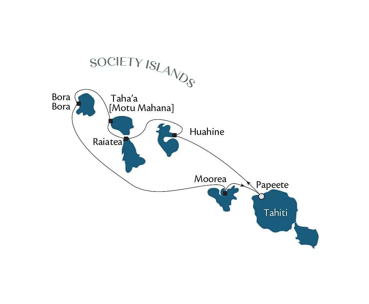 A map showing the route of a Paul Gauguin cruise through the Society Islands & Tahiti. 