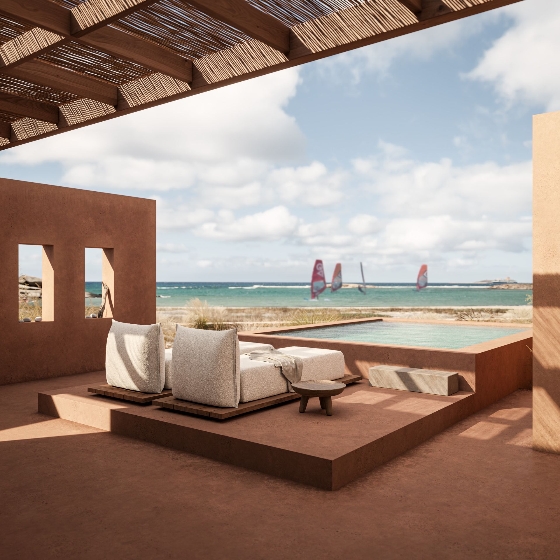 A patio with a view of the ocean at Laguna Coast Resort in Naxos, Greece.