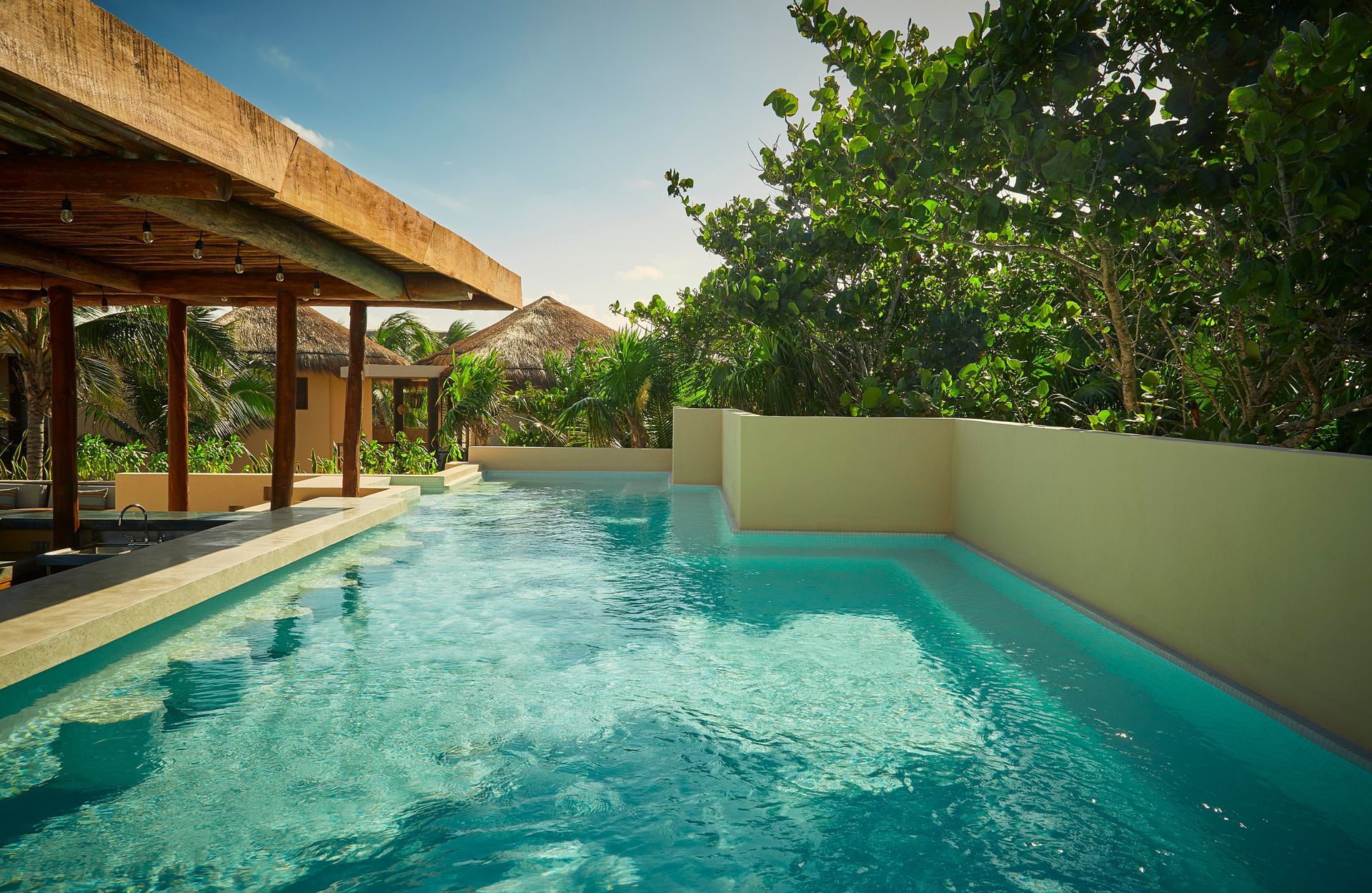 A large swimming pool surrounded by trees and a roof at La Zebra hotel in Tulum, Mexico.