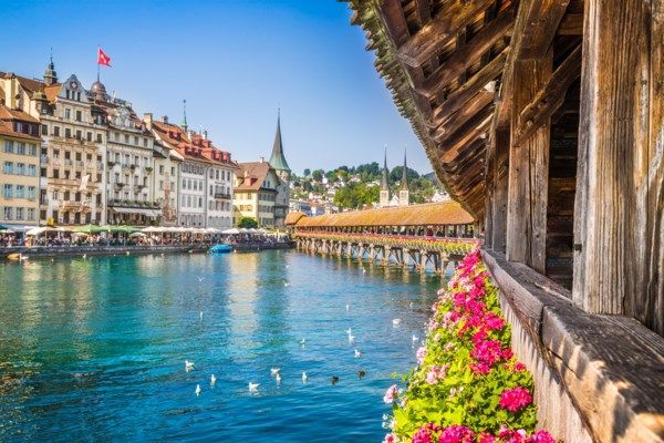 A bridge over Lake Lucerne with flowers in the foreground and buildings in the background.