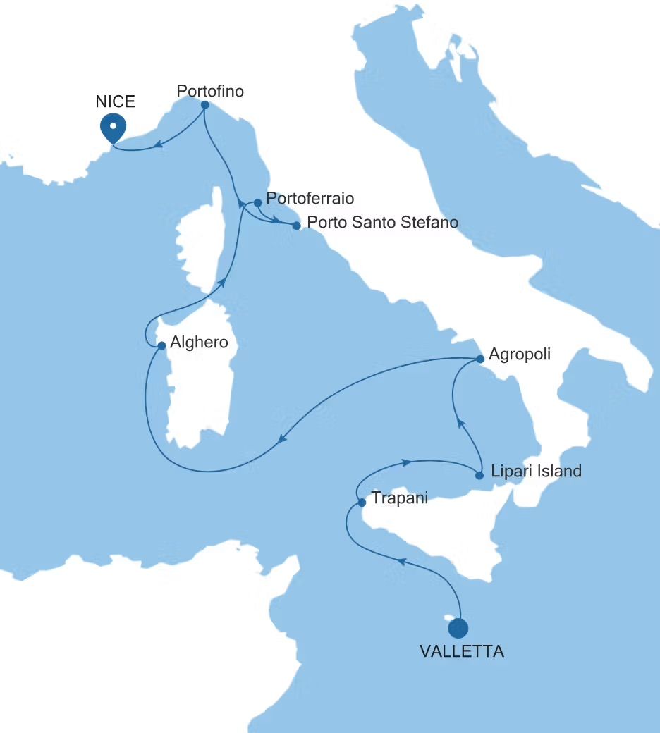 A map showing the route of a Silversea cruise through southern France and Italy.