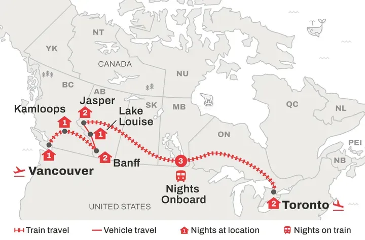 A map showing the route of Fresh Tracks' Across Canada By Train rail tour.