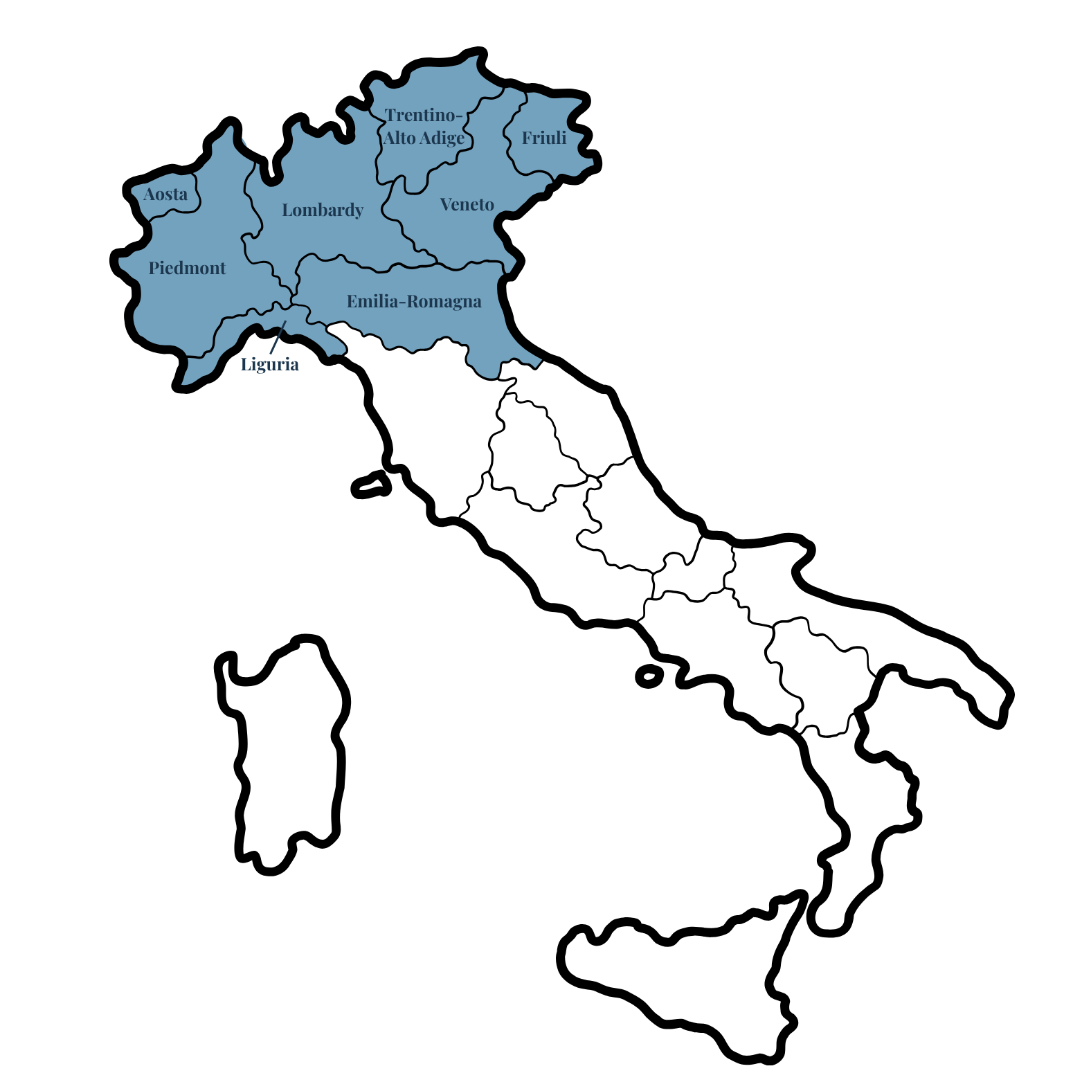 A map of Italy showing the provinces of Northern Italy.