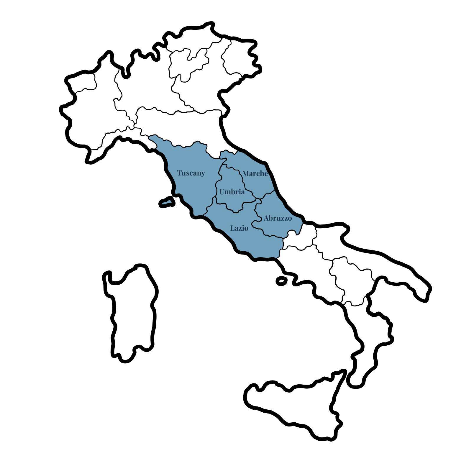 A map of Italy showing the provinces of Central Italy.