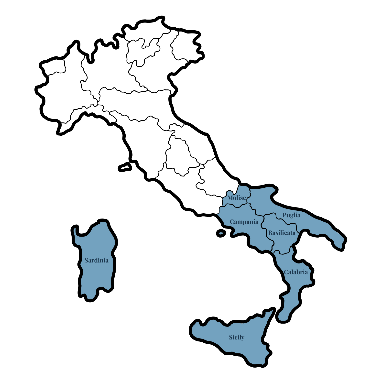 A map of Italy showing the provinces of Southern Italy.