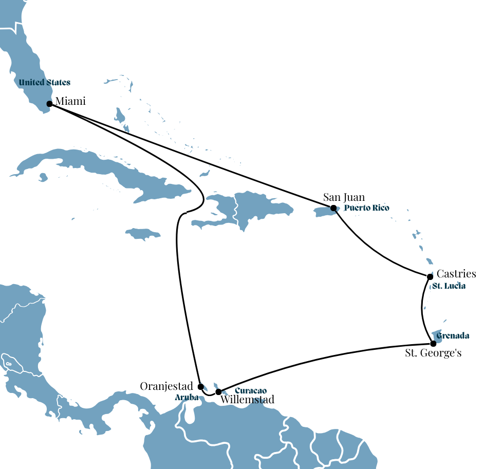 A map showing the route of Oceania's Sun-kissed Caribbean Shores cruise.