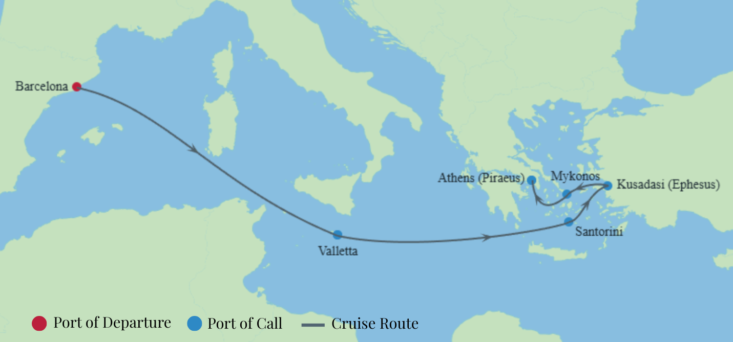 A map showing the route of Celebrity Cruise's cruise through Greece, Malta, and Turkey.