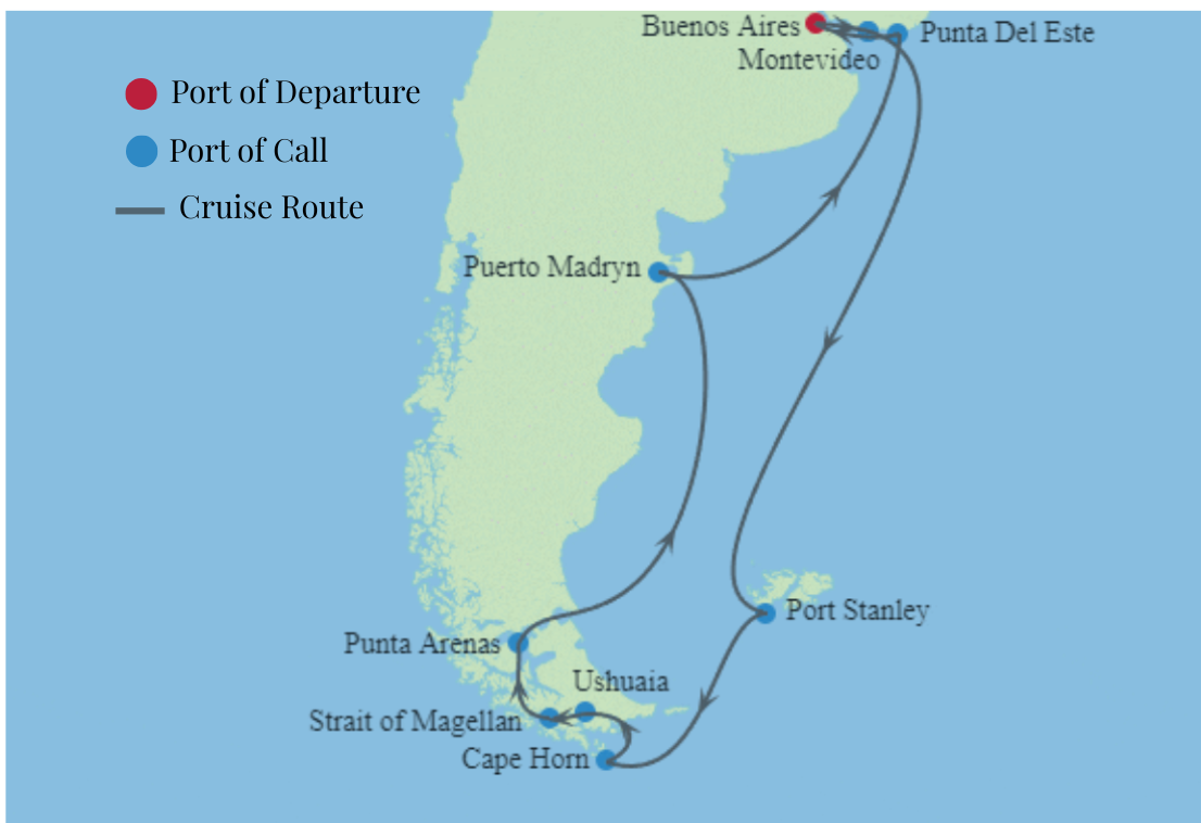 A map showing the route of Celebrity Cruise's cruise through Patagonia & Argentina.