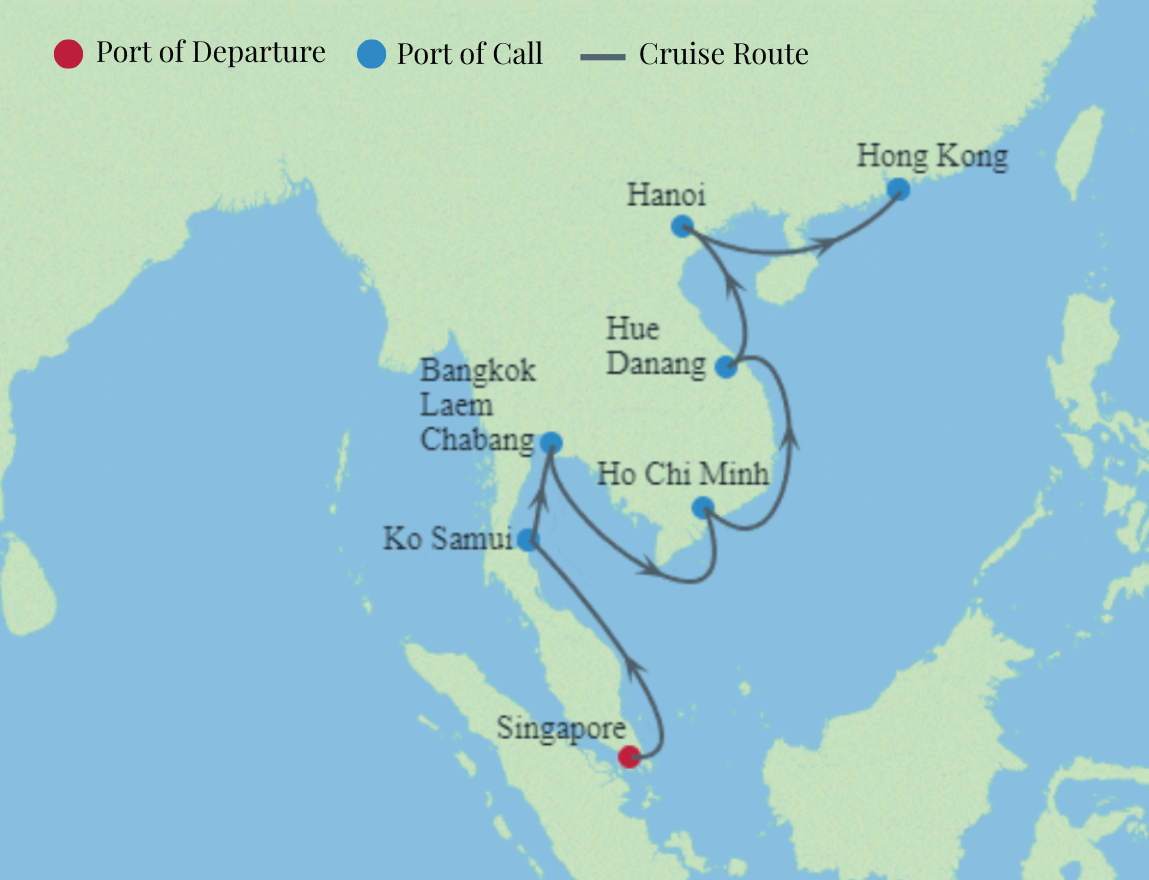 A map showing the route of Celebrity Cruise's cruise through Thailand & Vietnam.