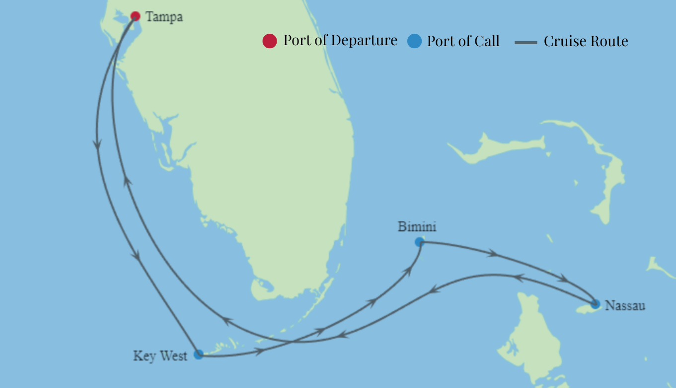 A map showing the route of Celebrity Cruise's cruise through Key West and the Bahamas. 