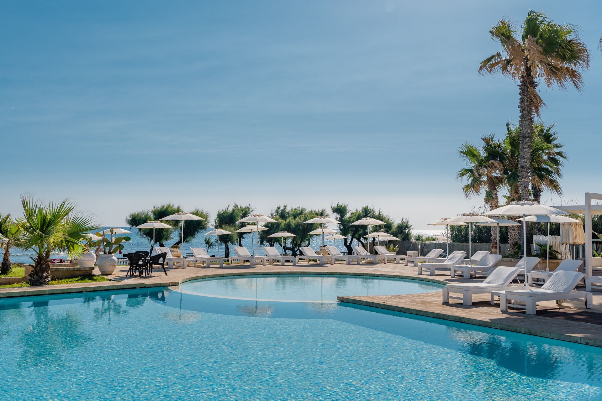 A large swimming pool surrounded by chairs , umbrellas and palm trees at Canne Bianche Lifestyle Hotel in Puglia, Italy.