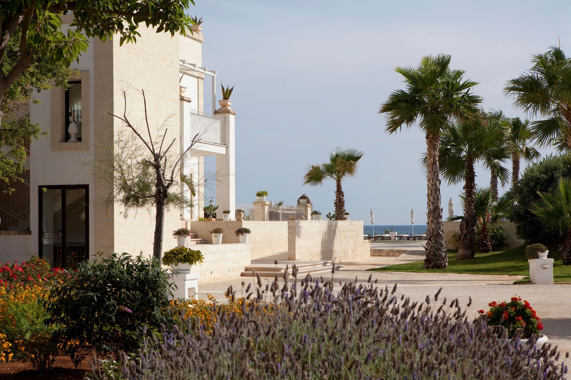 A white building with palm trees in front of it at Canne Bianche Lifestyle Hotel in Puglia, Italy.