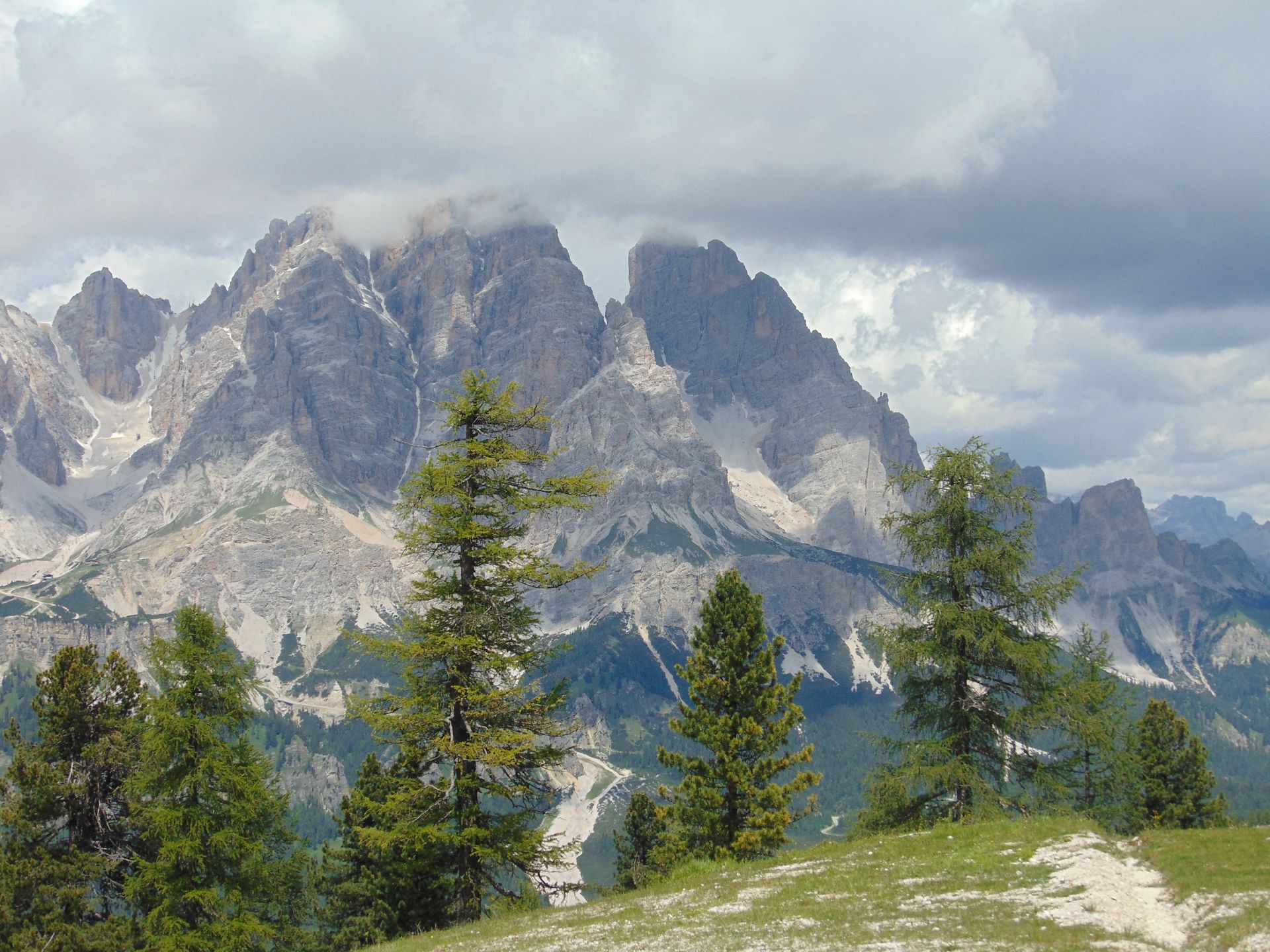 Mountains with jagged peaks behind green trees and a grassy hill under a cloudy sky.