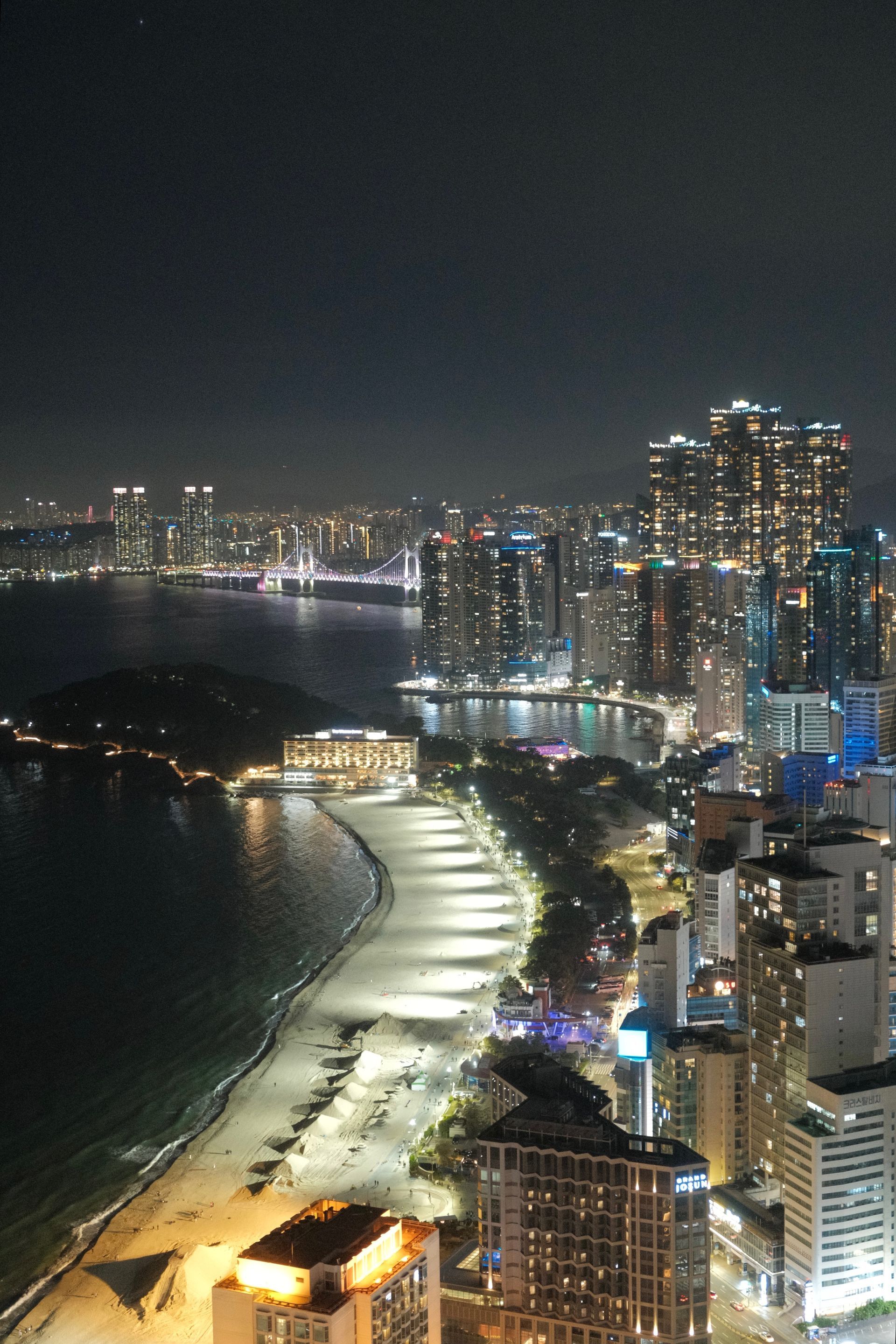Night view of Busan coastline with illuminated buildings, beach, and water in South Korea.