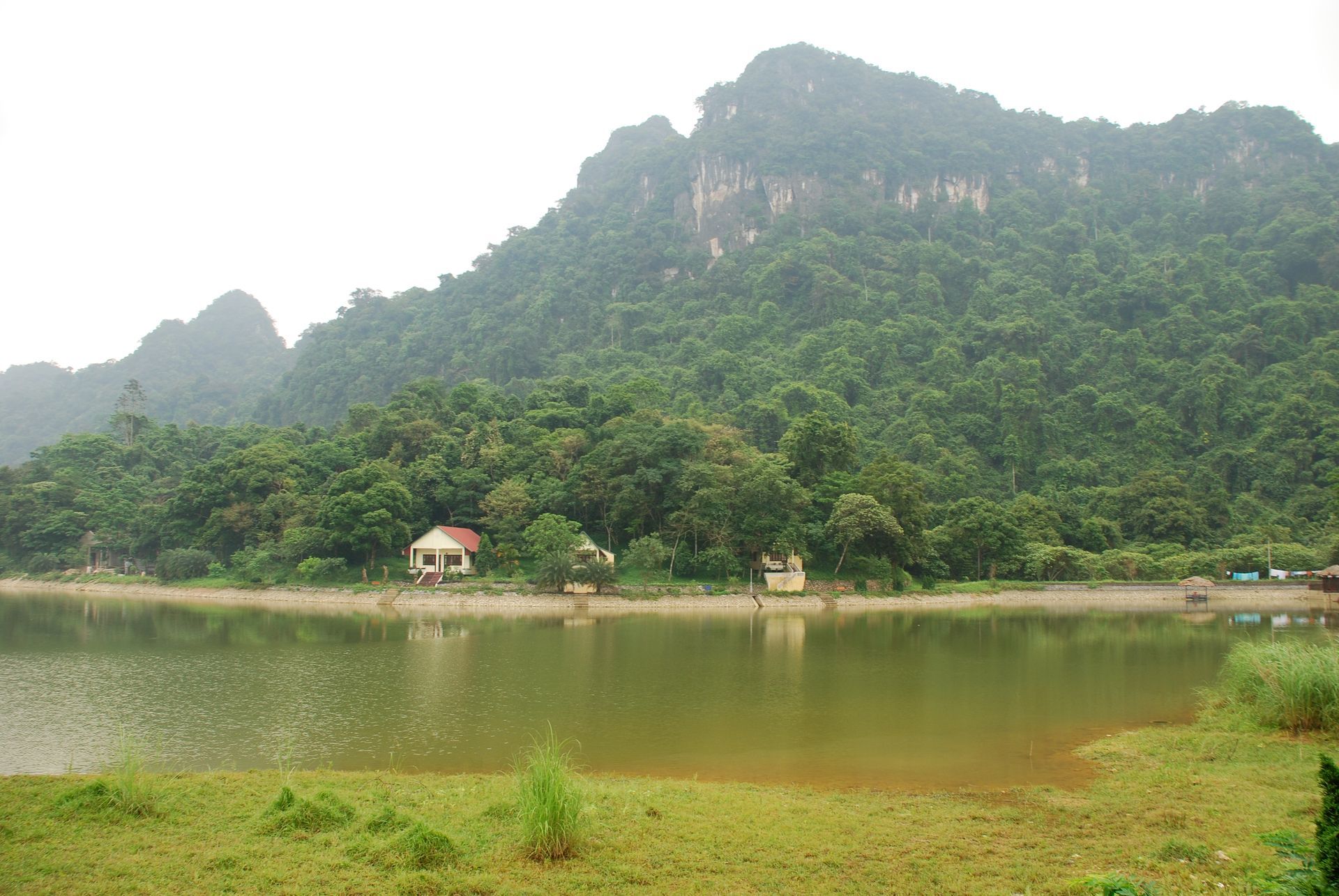 Lake with lush green shoreline and distant mountain, overcast sky.