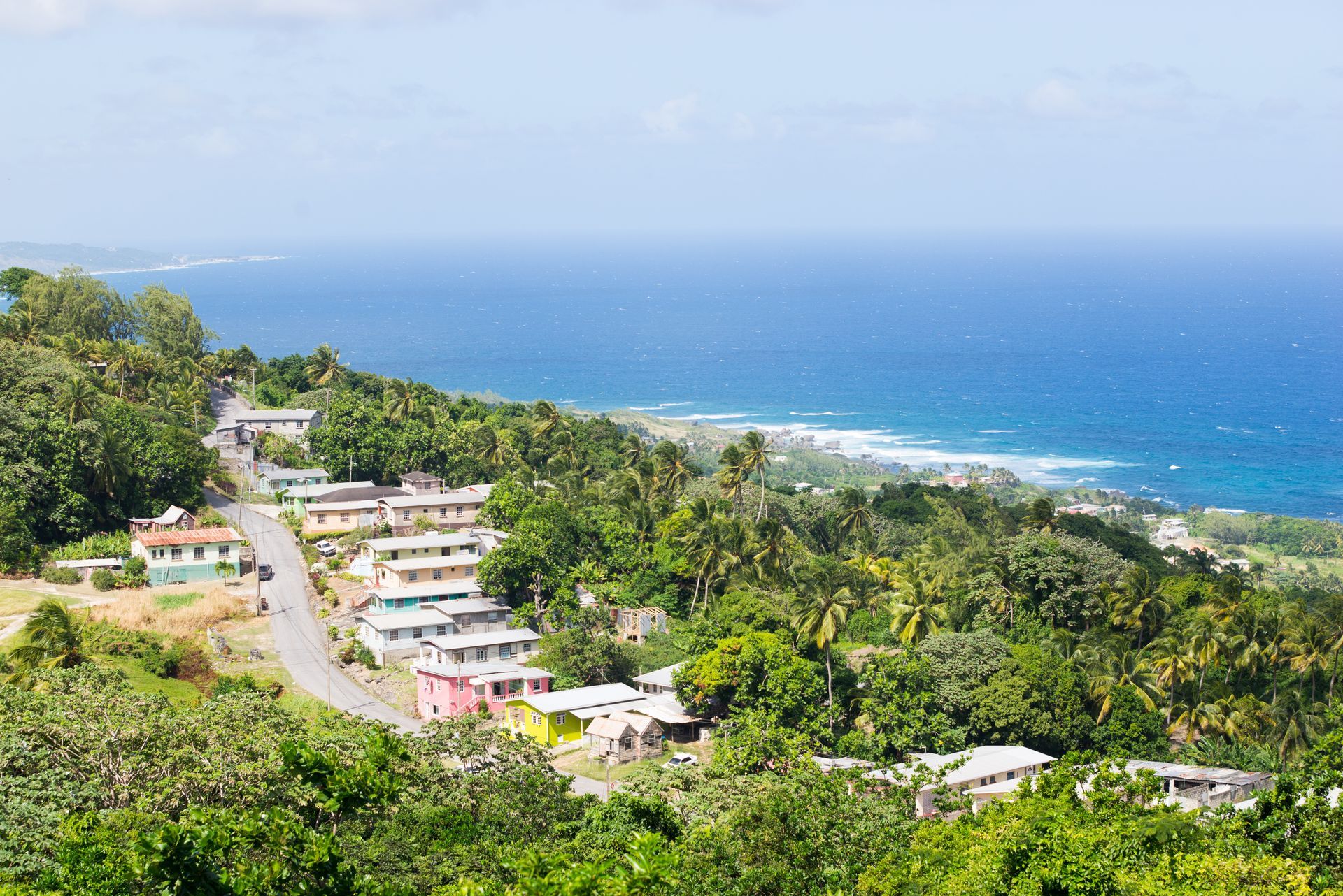 Houses on a hill overlooking a blue ocean, lush green trees surround the buildings, road winds through.