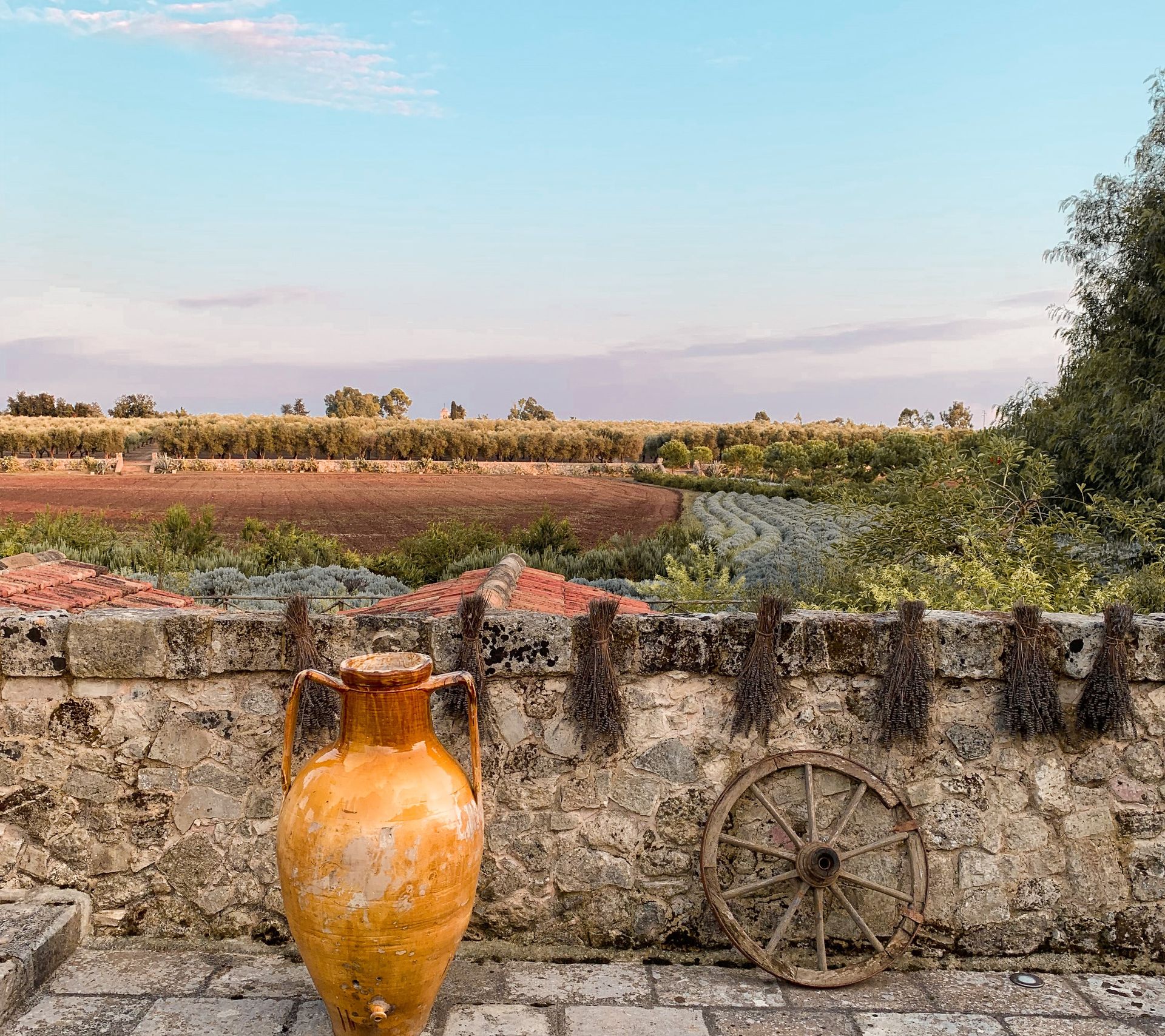 A large vase is sitting in front of a stone wall at Naturalis Bio Resort & Spa in Puglia, Italy.