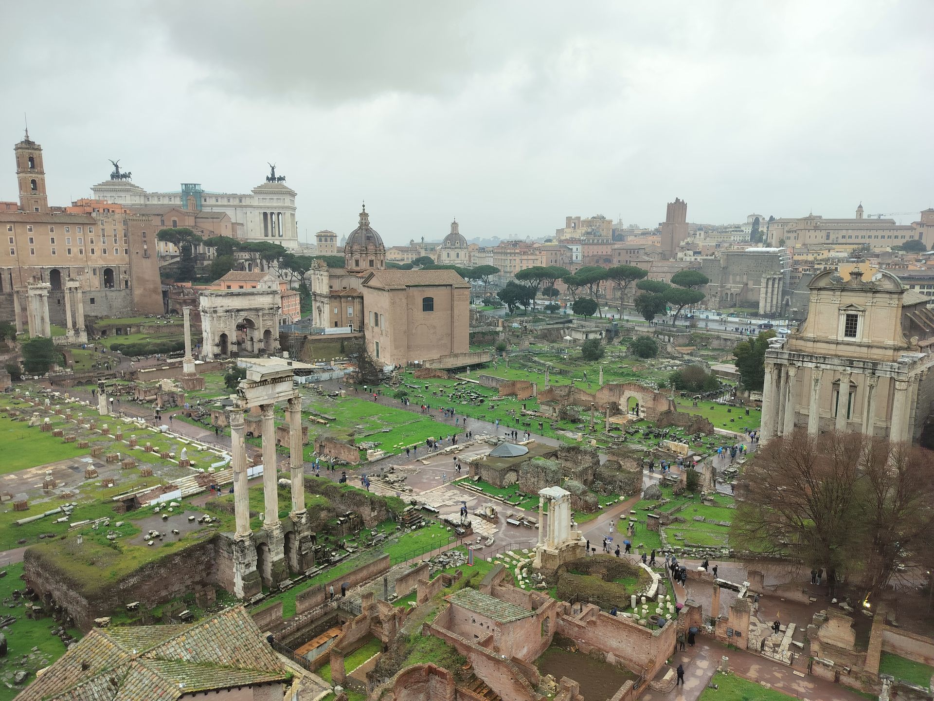 Ancient Roman Forum ruins with green grass and overcast sky. Buildings and columns visible.