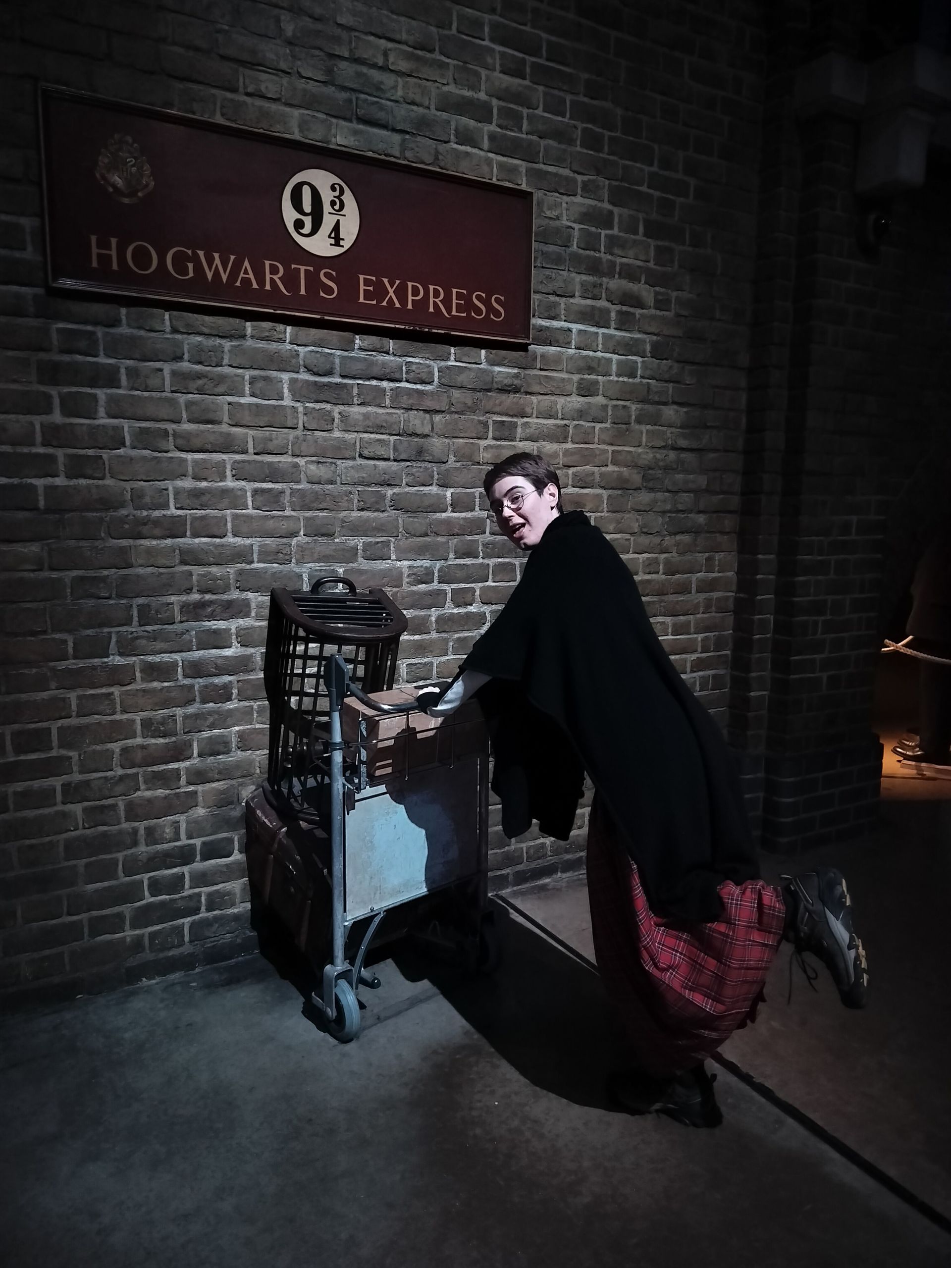 Person in a black robe pushes a luggage cart toward the Platform 9 3/4 sign at King's Cross Station.