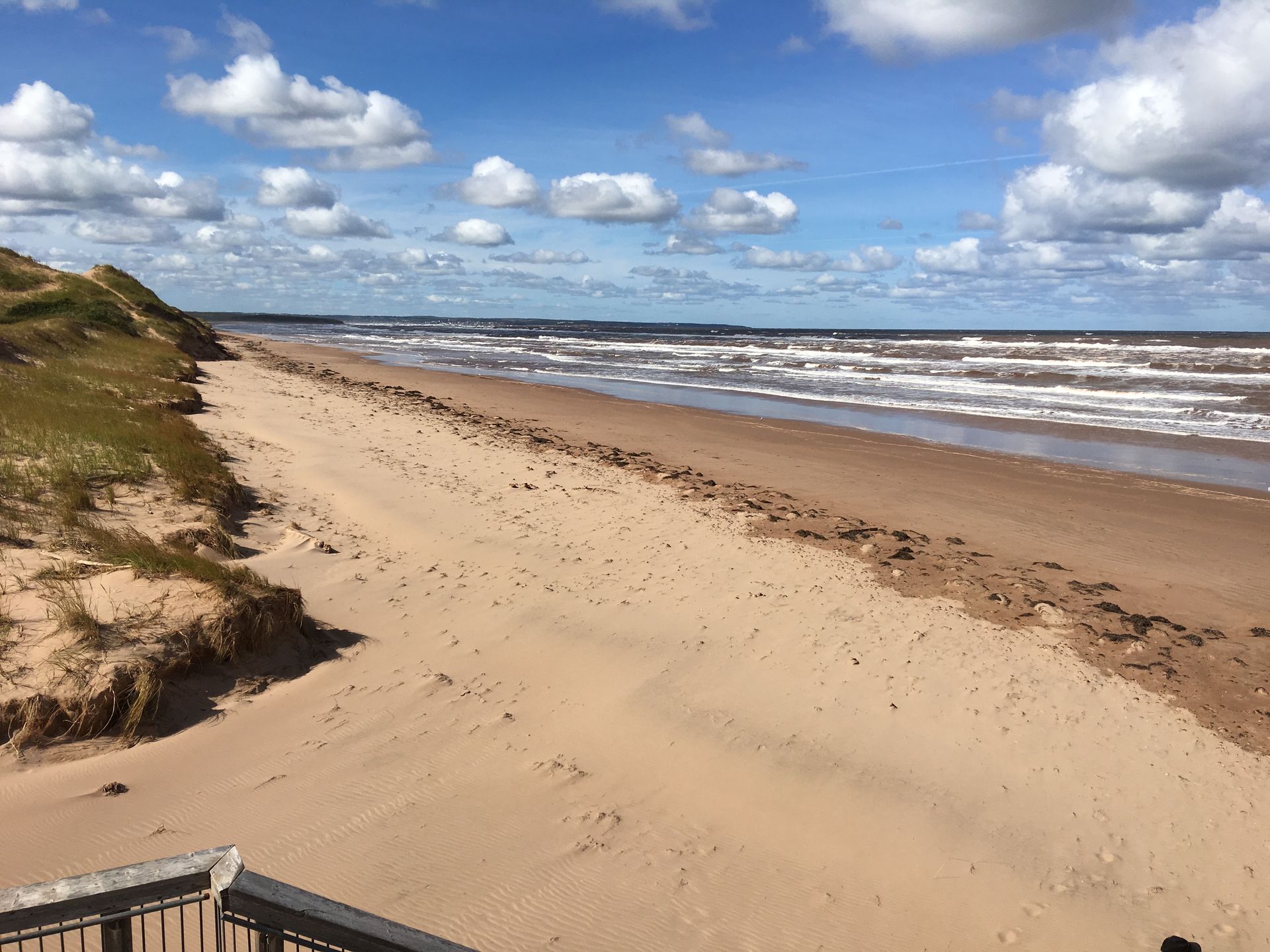 Sandy beach under a blue sky with white clouds; waves roll in.