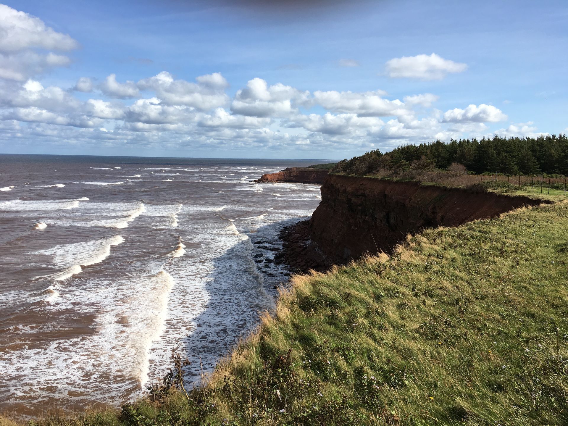 Coastal view: reddish cliffs meet churning ocean under a cloudy sky.