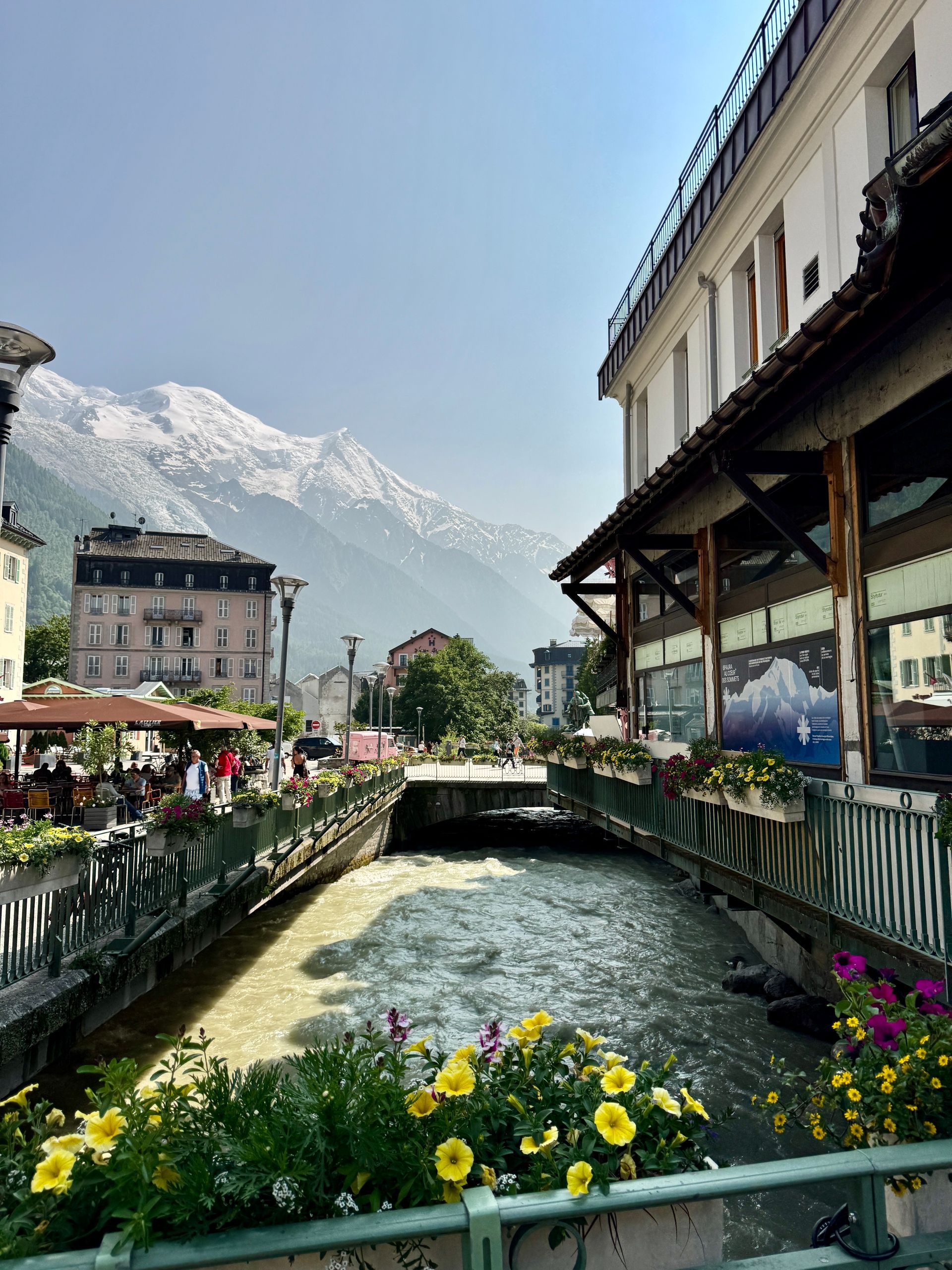 River flowing through a town square, mountains in the background, buildings on either side, yellow and purple flowers.