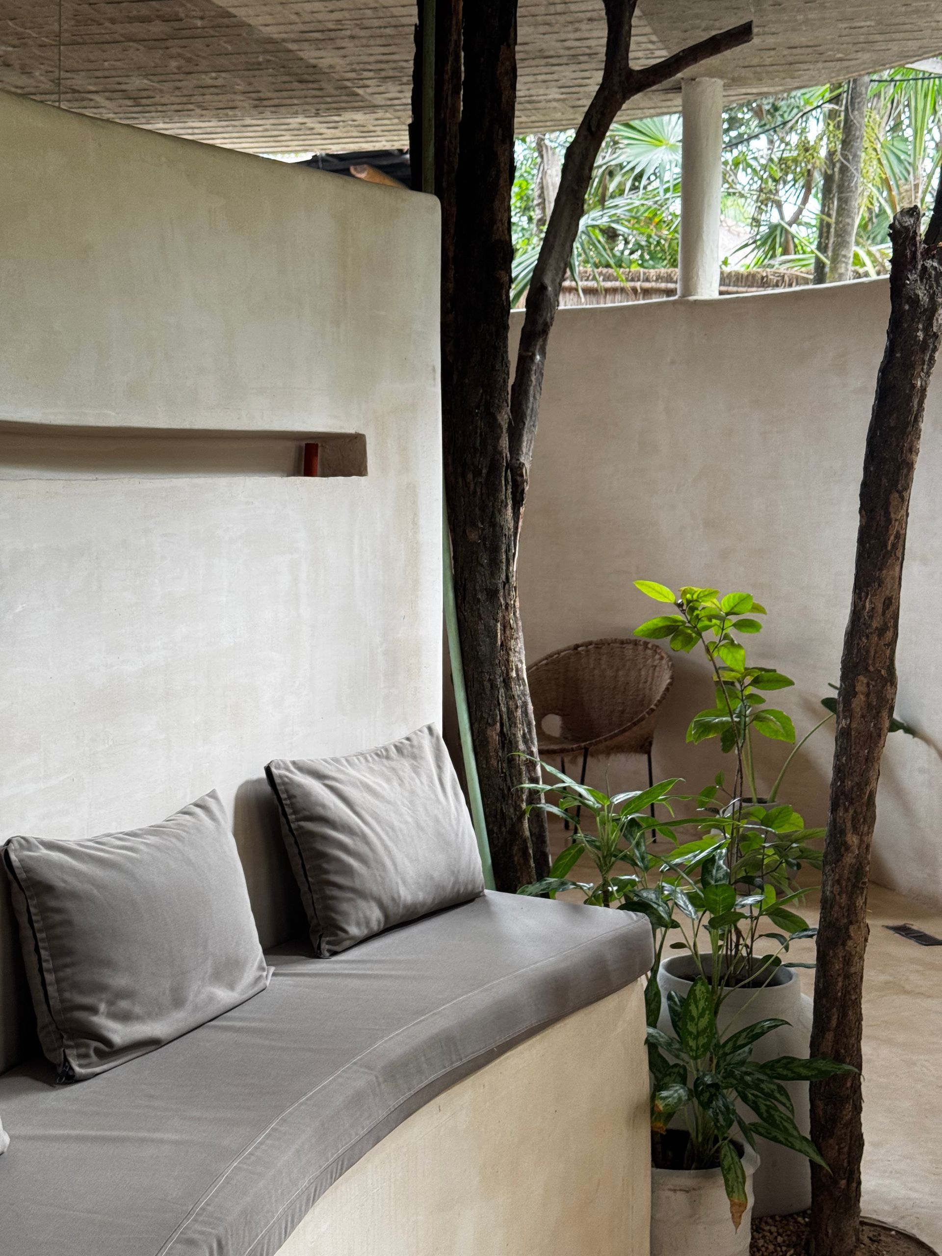 A couch in a room with a tree in the background at Papaya Playa Project hotel in Tulum, Mexico.