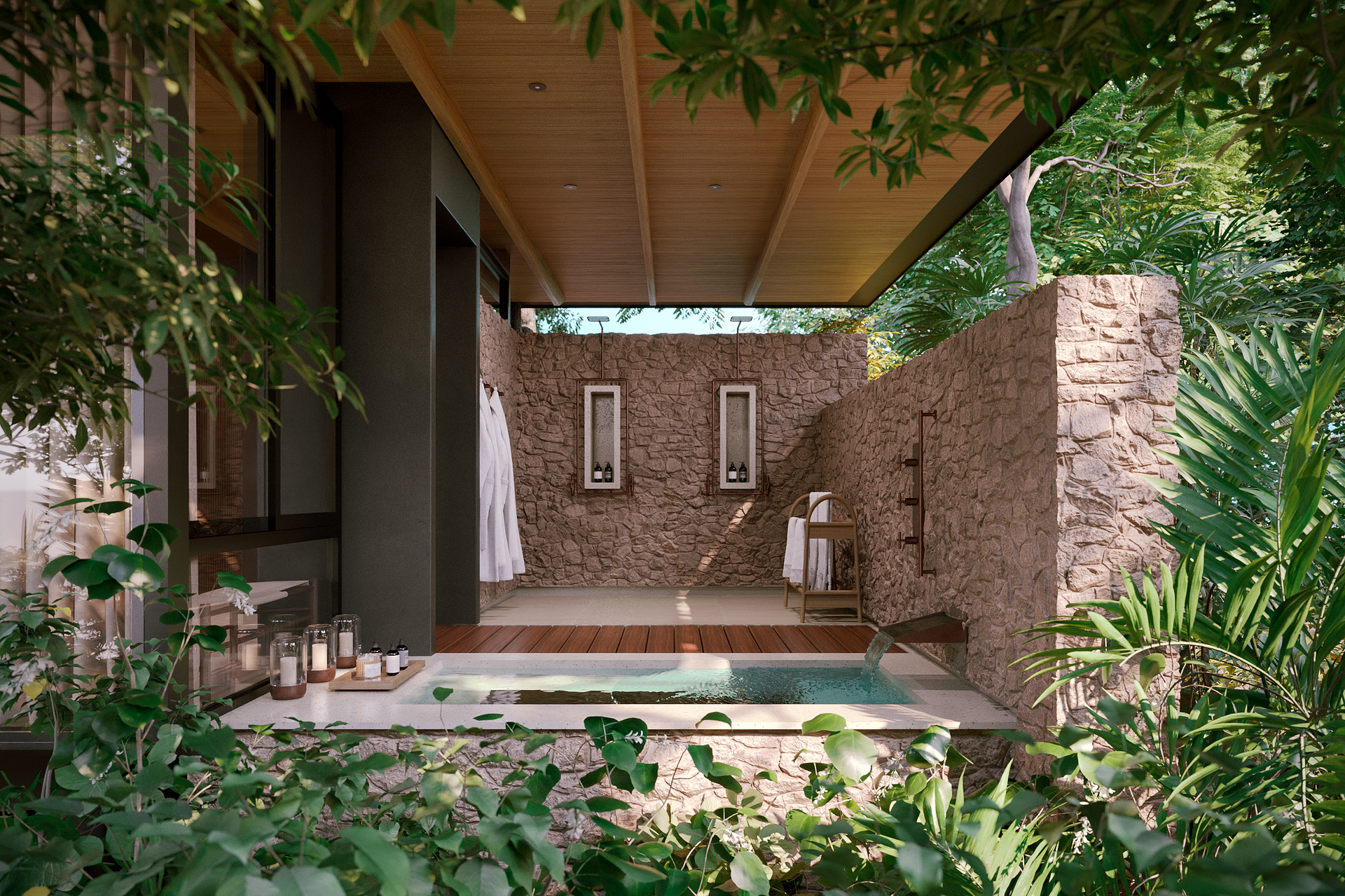 A bathroom with a swimming pool surrounded by trees in Costa Rica.