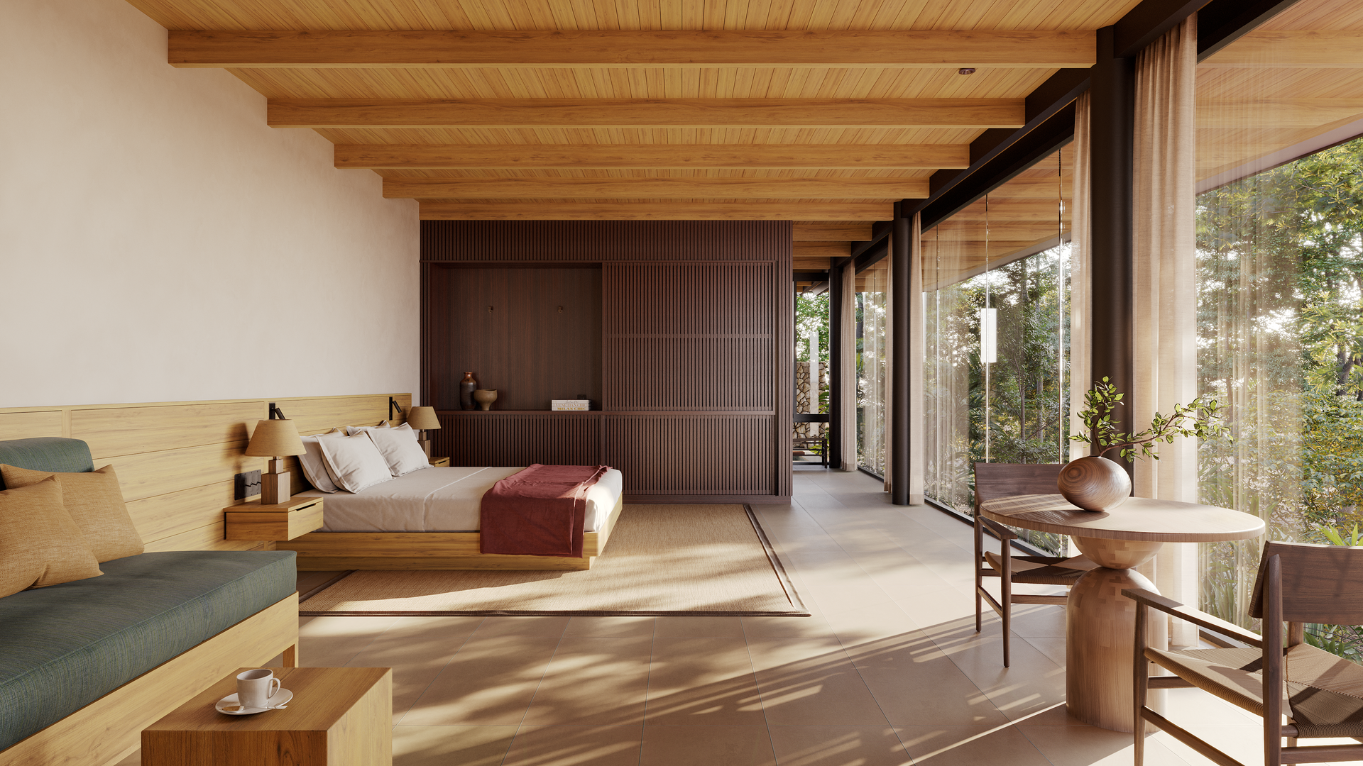 A bedroom with a large bed, couch, table, and chairs in a tree house in Costa Rica.