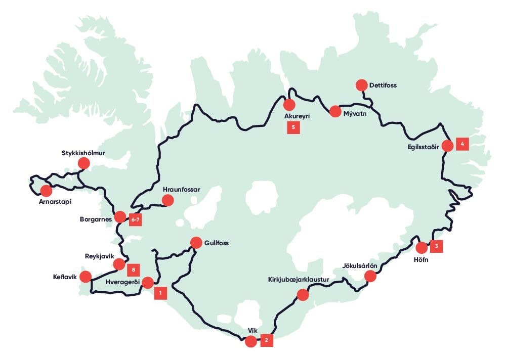 A map showing the route of the Iceland Travel self-drive tour through Iceland's Circle.