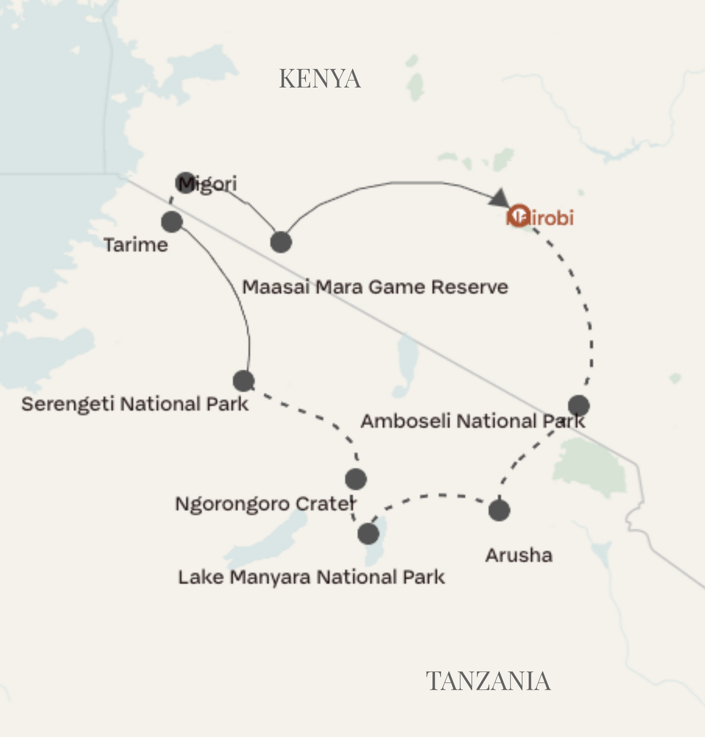 A map showing the route of Abercrombie & Kent's Wildlife Safari tour through Kenya & Tanzania. 