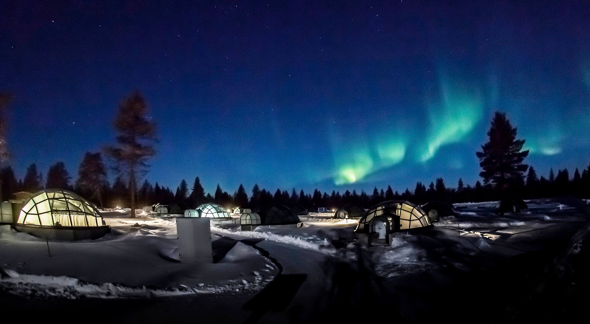 The aurora borealis is visible in the night sky over a snowy forest with glass igloos in the background in Finland. 