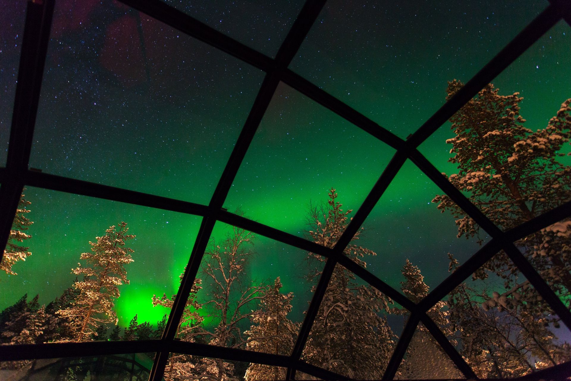 The aurora borealis is visible through a glass dome in finland.