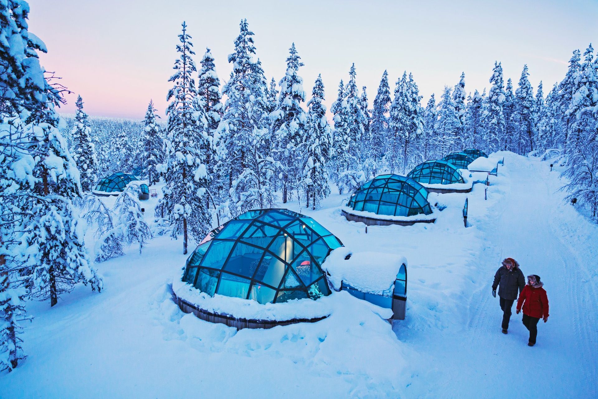 A snowy forest with a row of glass igloos in Finland.