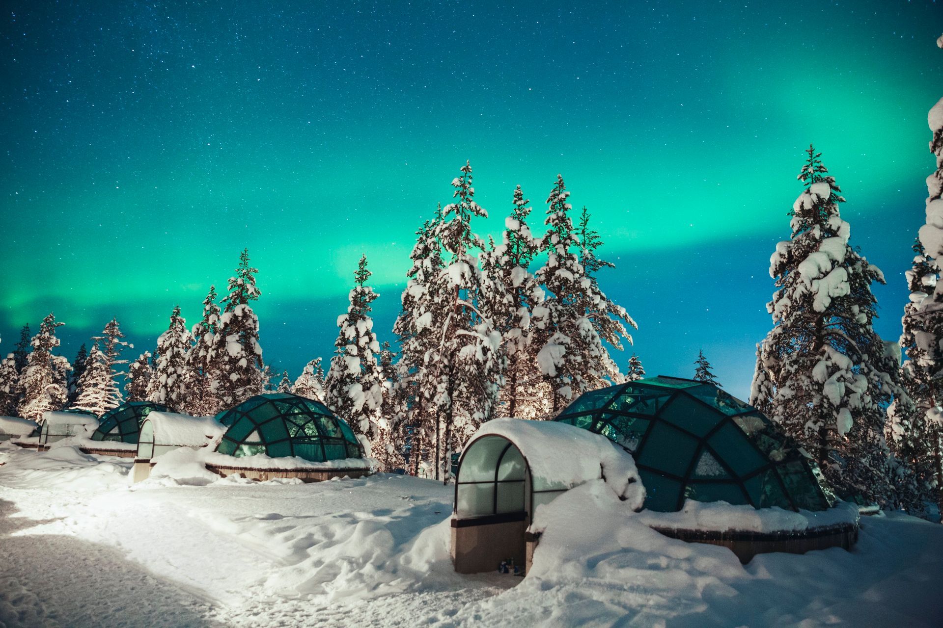 A row of glass igloos in the snow with the aurora borealis in the background in finland.