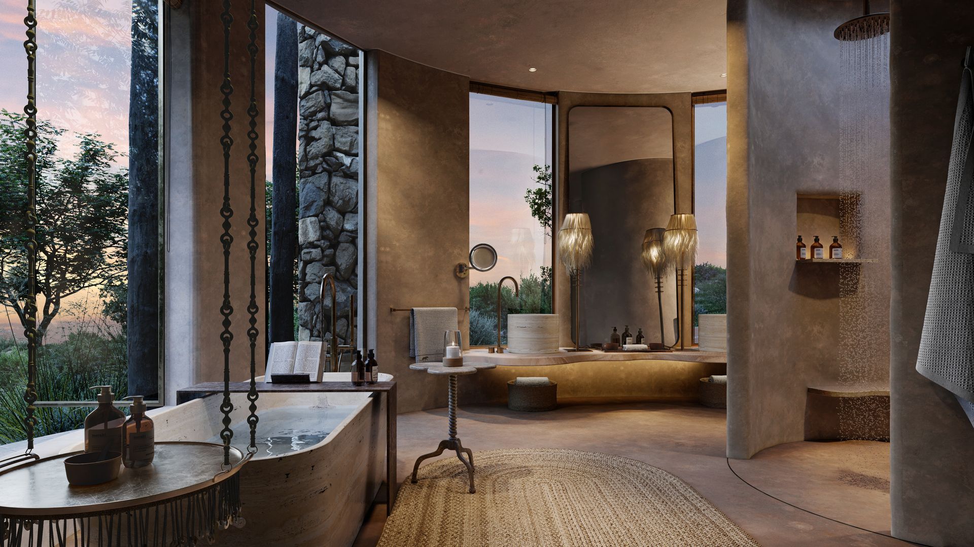 A bathroom with a bathtub and a large window at a lodge in Africa.