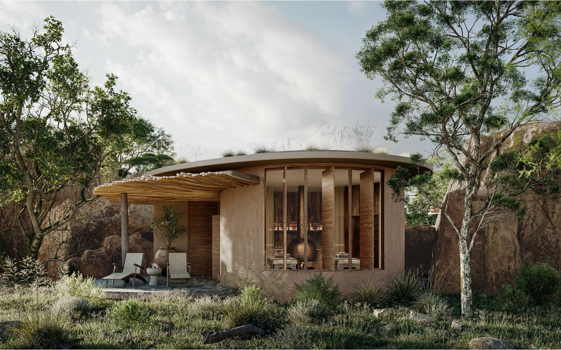 A small lodge in the middle of a forest in Africa.