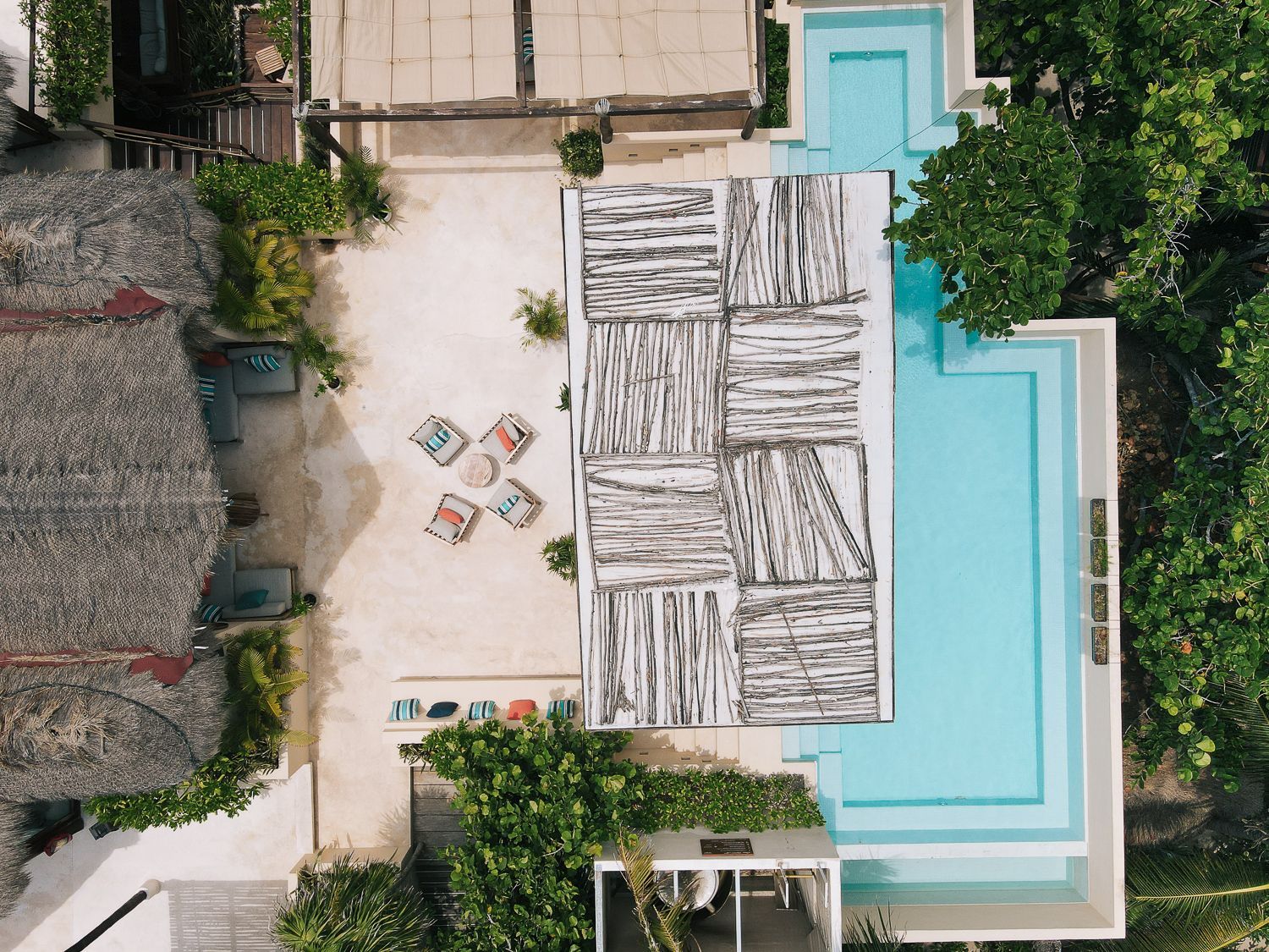 An aerial view of a house with a swimming pool at La Zebra hotel in Tulum, Mexico.