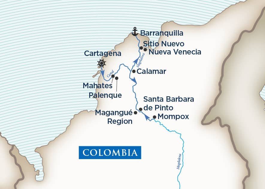 A map showing the route of Amawaterway's Wonders of Colombia river cruise through the Magdalena River.