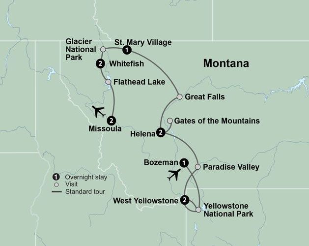 A map showing the route of Collette's Exploring Big Sky Country tour through Montana.