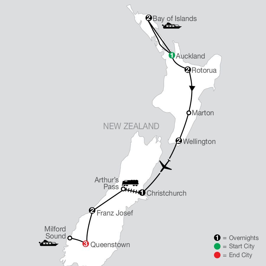 A map showing the route of Globus's Best of New Zealand tour.