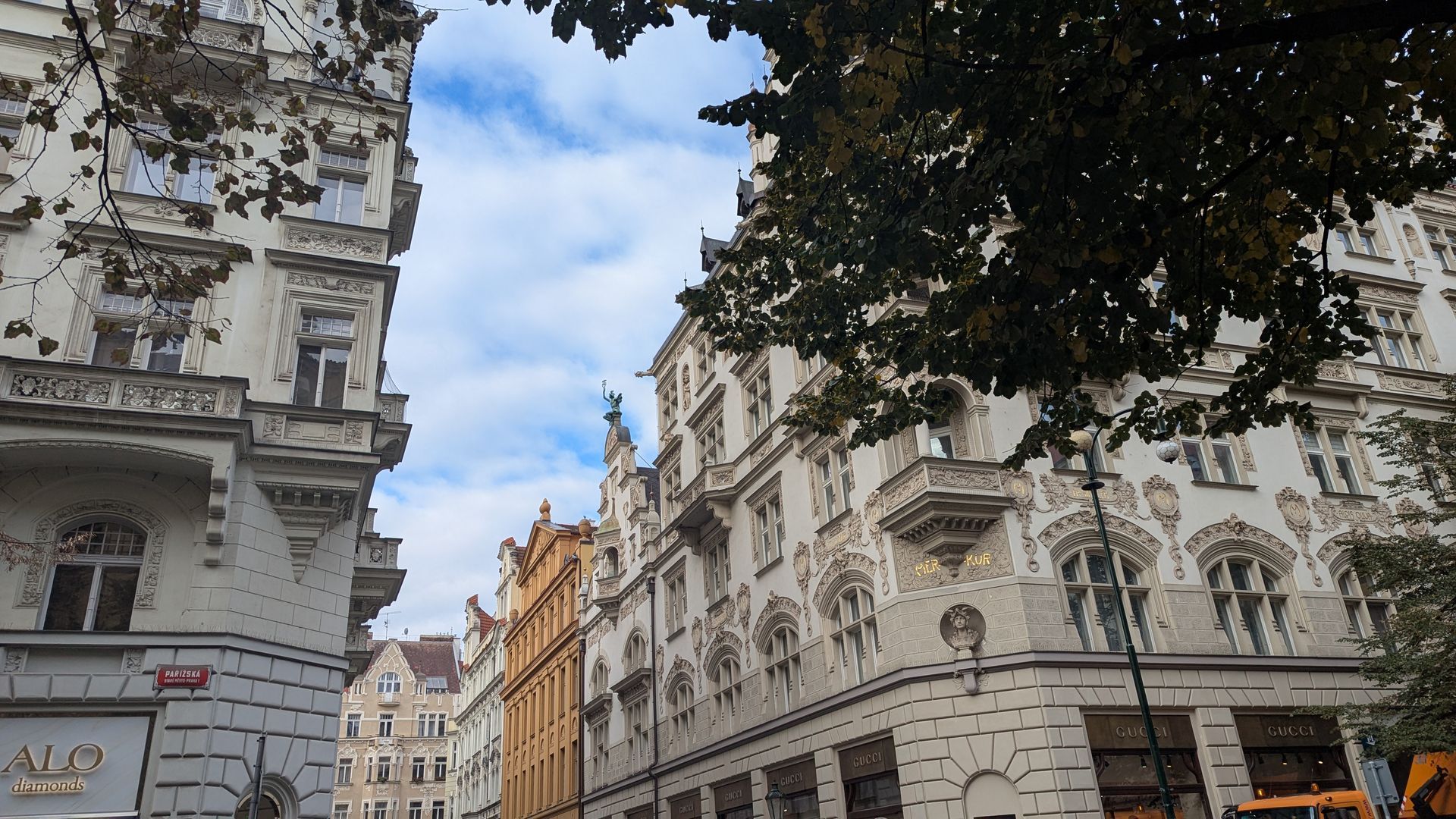 Ornate buildings line a street with a cloudy sky above, a tree branch in the foreground.