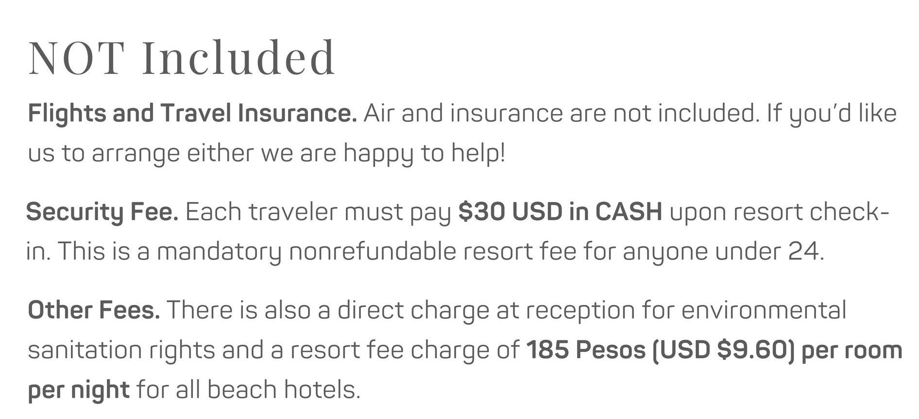 A page that says flights and travel insurance are not included